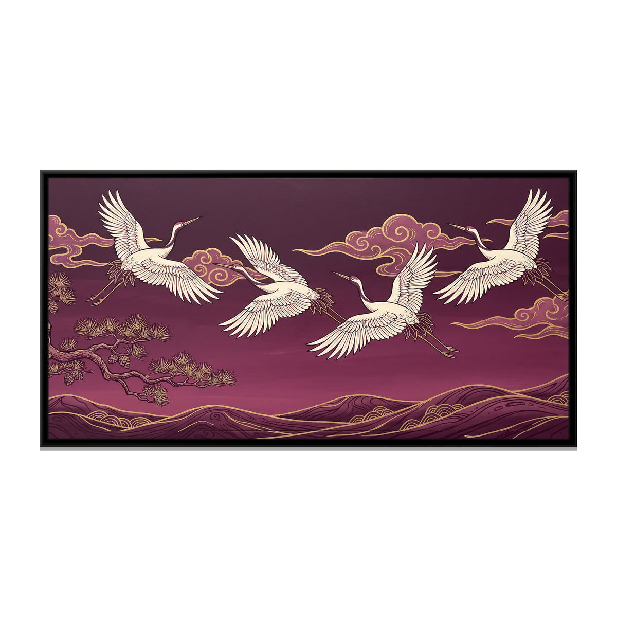 Cranes over Plum Cloud Hills - framed canvas print, front view