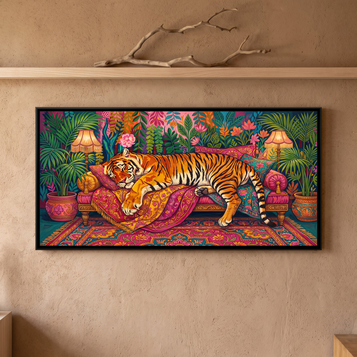 Tiger Asleep on a Patterned Divan - framed canvas art hung on a wall