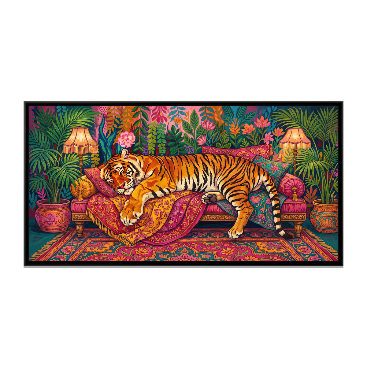 Tiger Asleep on a Patterned Divan - framed canvas print, front view