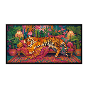 View 2 of Tiger Asleep on a Patterned Divan