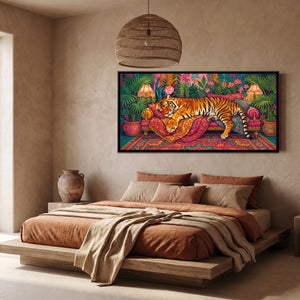 View 3 of Tiger Asleep on a Patterned Divan