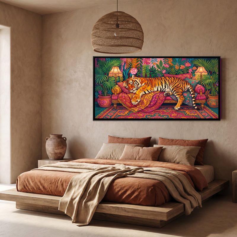 Tiger Asleep on a Patterned Divan - canvas art shown in a styled room
