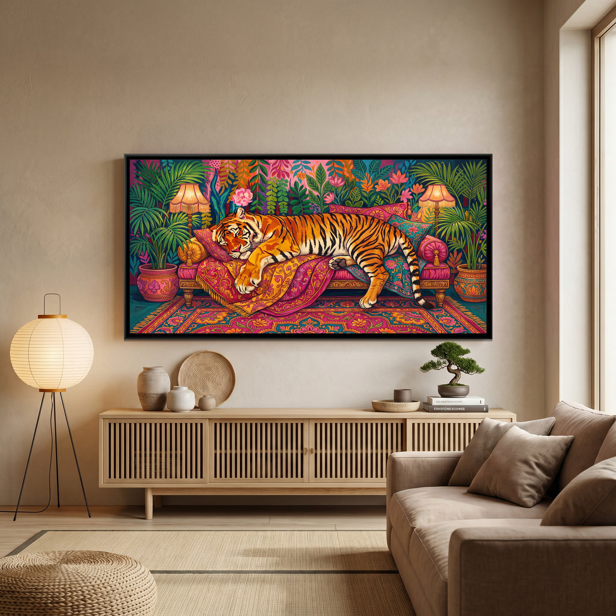 Tiger Asleep on a Patterned Divan - canvas art shown in a second room setting