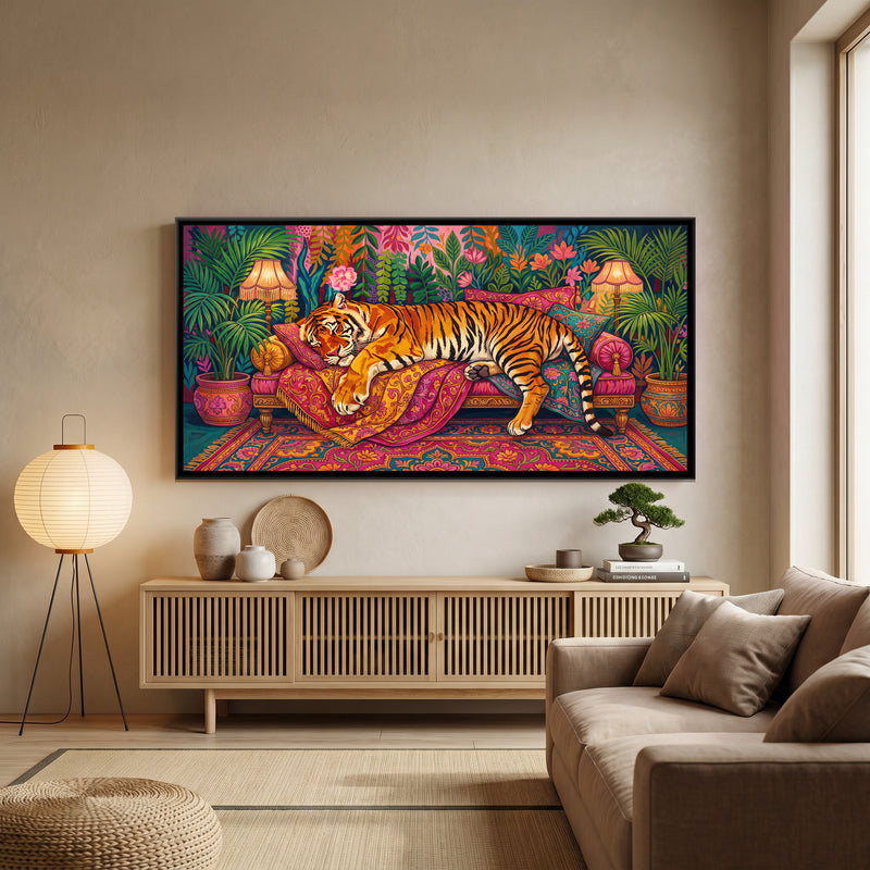 Tiger Asleep on a Patterned Divan - canvas art shown in a second room setting