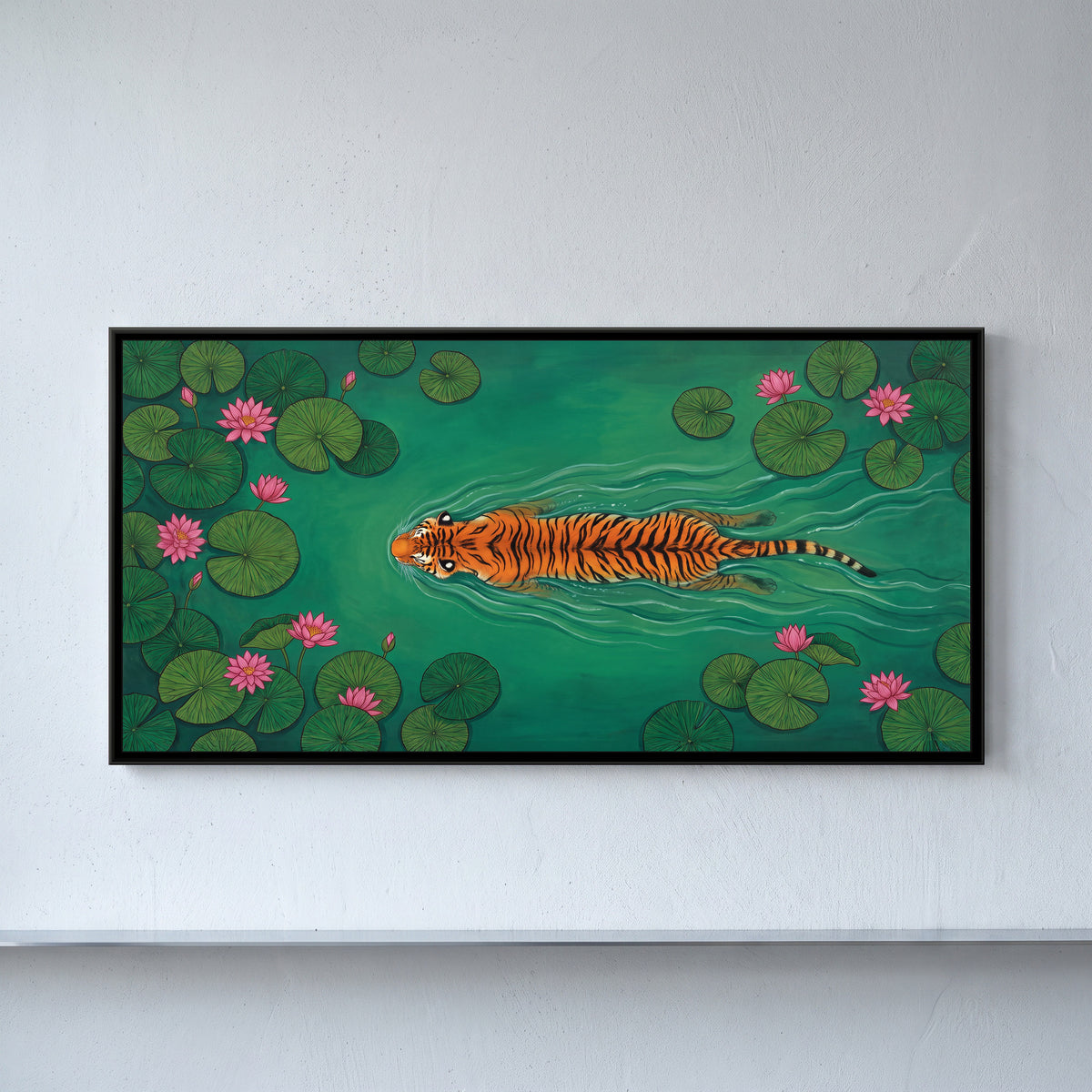 Tiger Swimming a Lotus Pond - framed canvas art hung on a wall