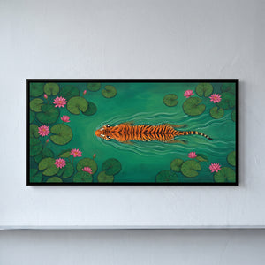 View 1 of Tiger Swimming a Lotus Pond