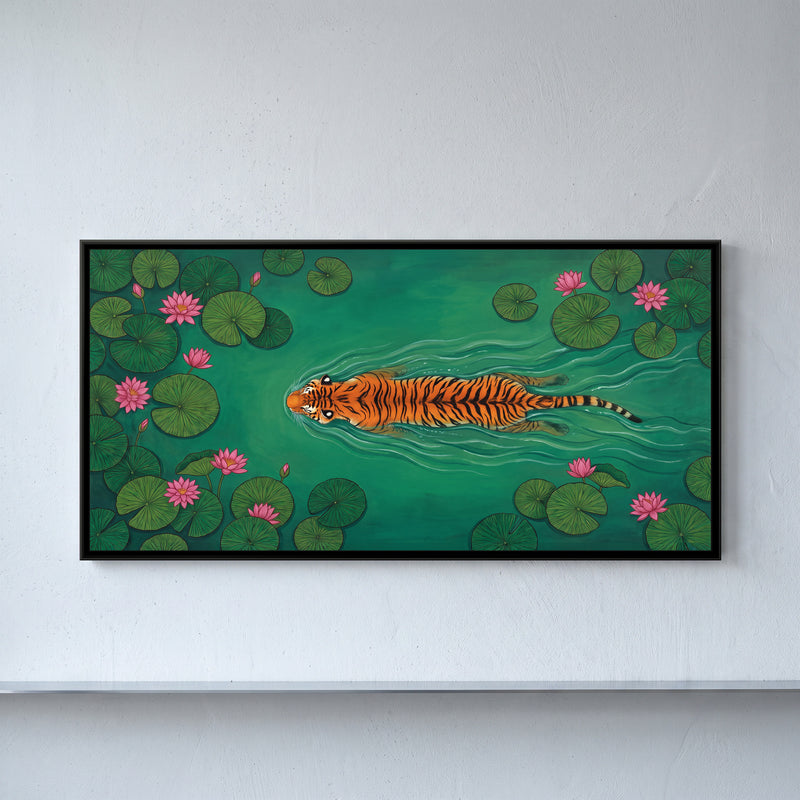 Tiger Swimming a Lotus Pond - framed canvas art hung on a wall
