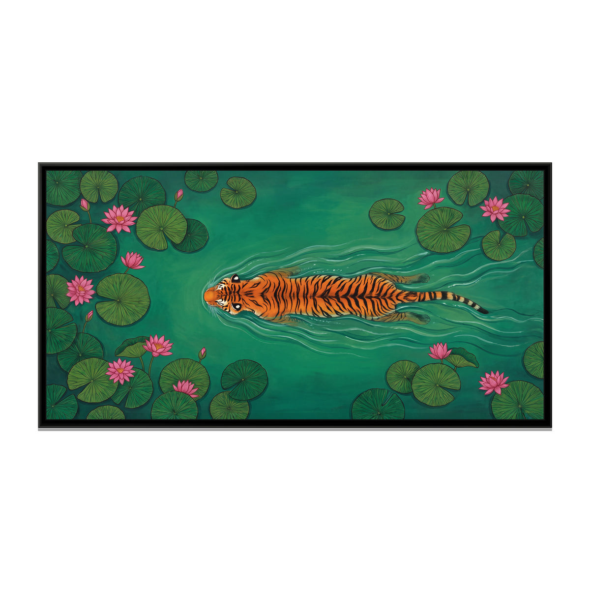 Tiger Swimming a Lotus Pond - framed canvas print, front view