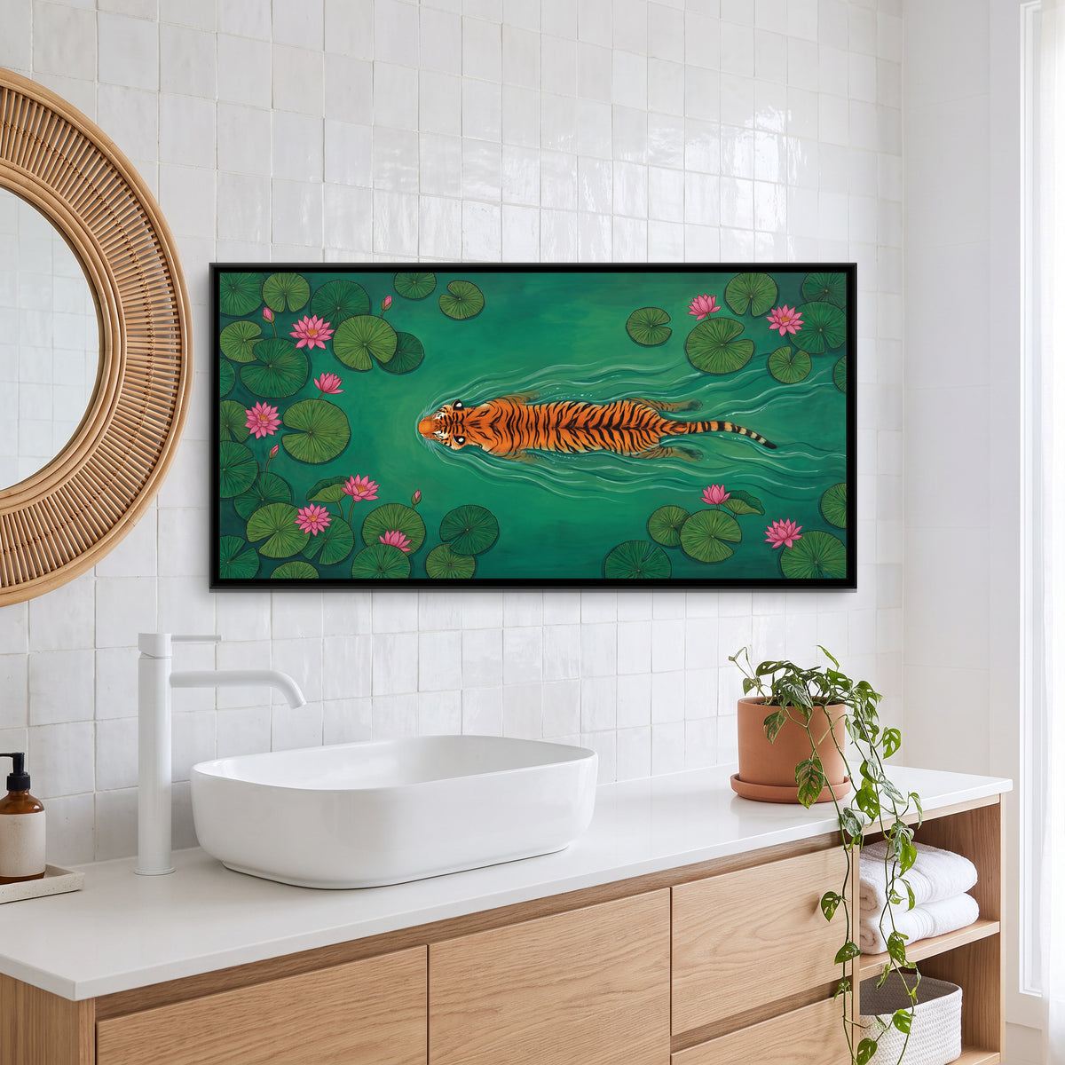 Tiger Swimming a Lotus Pond - canvas art shown in a styled room