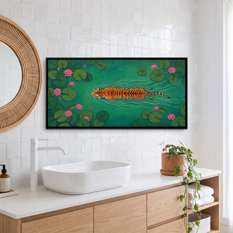 Tiger Swimming a Lotus Pond - canvas art shown in a styled room