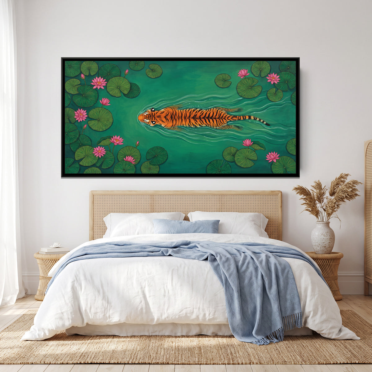 Tiger Swimming a Lotus Pond - canvas art shown in a second room setting