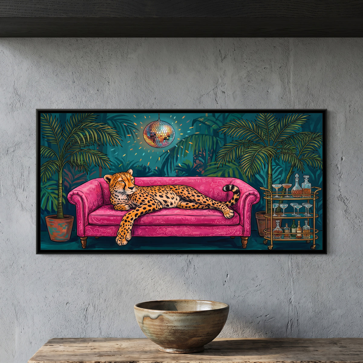 Cheetah on a Velvet Sofa under a Disco Ball - framed canvas art hung on a wall