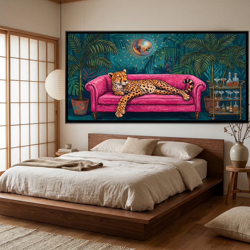 Cheetah on a Velvet Sofa under a Disco Ball - canvas art shown in a second room setting