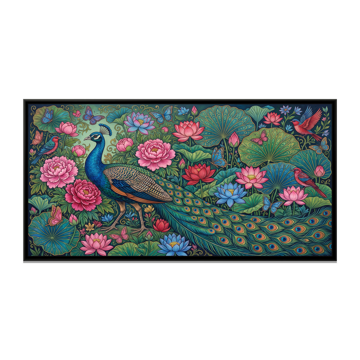 Peacock in a Maximalist Garden - framed canvas print, front view