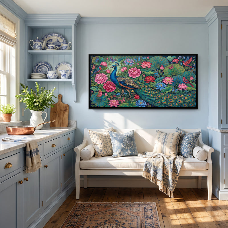 Peacock in a Maximalist Garden - canvas art shown in a second room setting