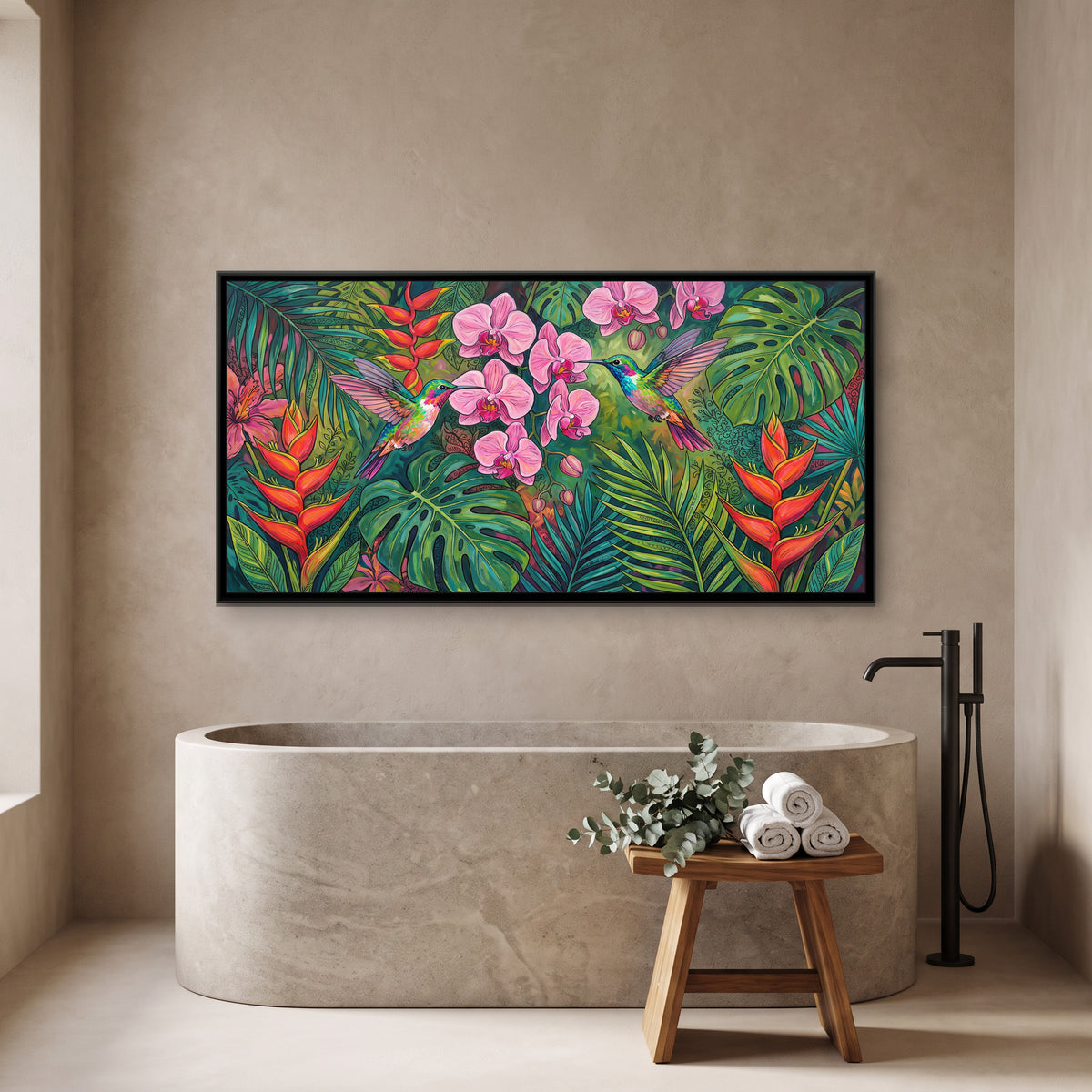 Hummingbirds in a Tropical Orchid Garden - canvas art shown in a styled room