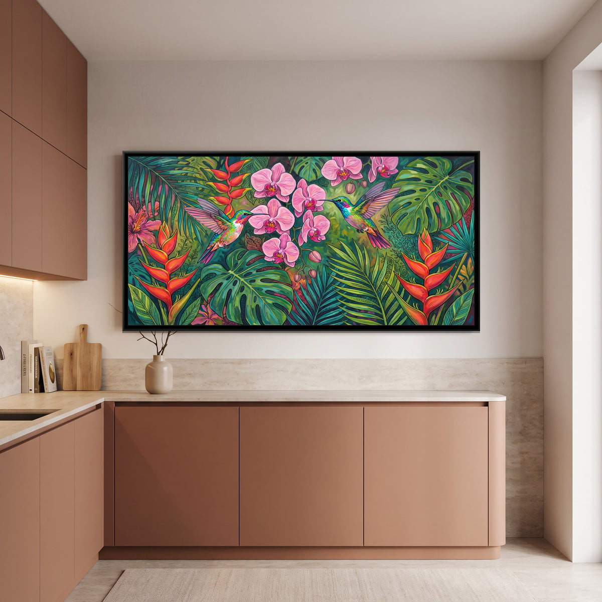 Hummingbirds in a Tropical Orchid Garden - canvas art shown in a second room setting