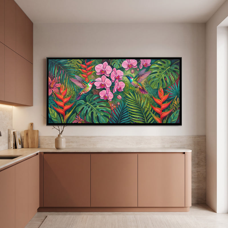 Hummingbirds in a Tropical Orchid Garden - canvas art shown in a second room setting