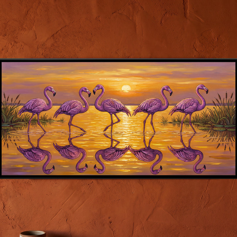 Flamingos in a Golden Sunset Lagoon - framed canvas art hung on a wall