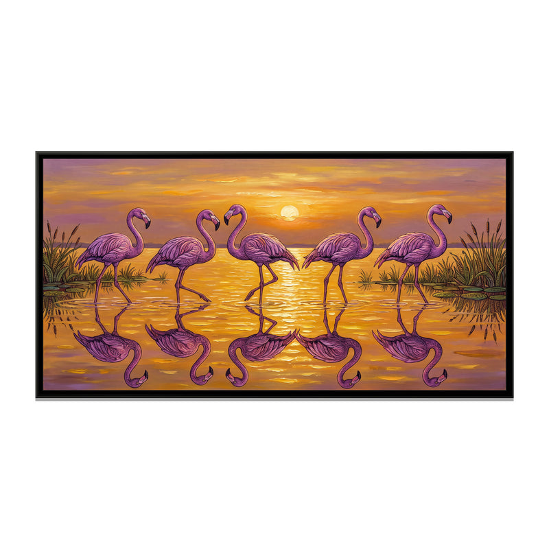 Flamingos in a Golden Sunset Lagoon - framed canvas print, front view