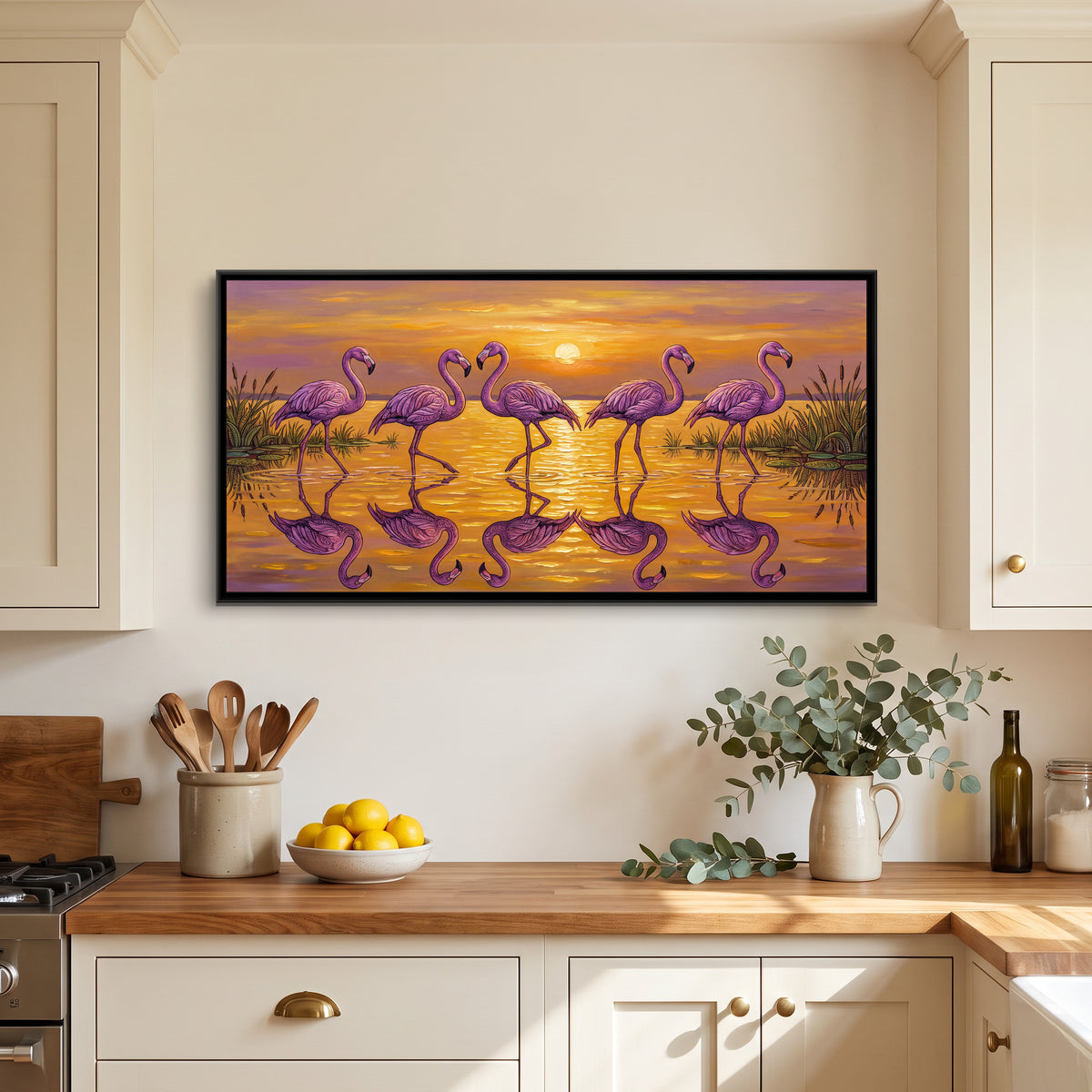 Flamingos in a Golden Sunset Lagoon - canvas art shown in a styled room