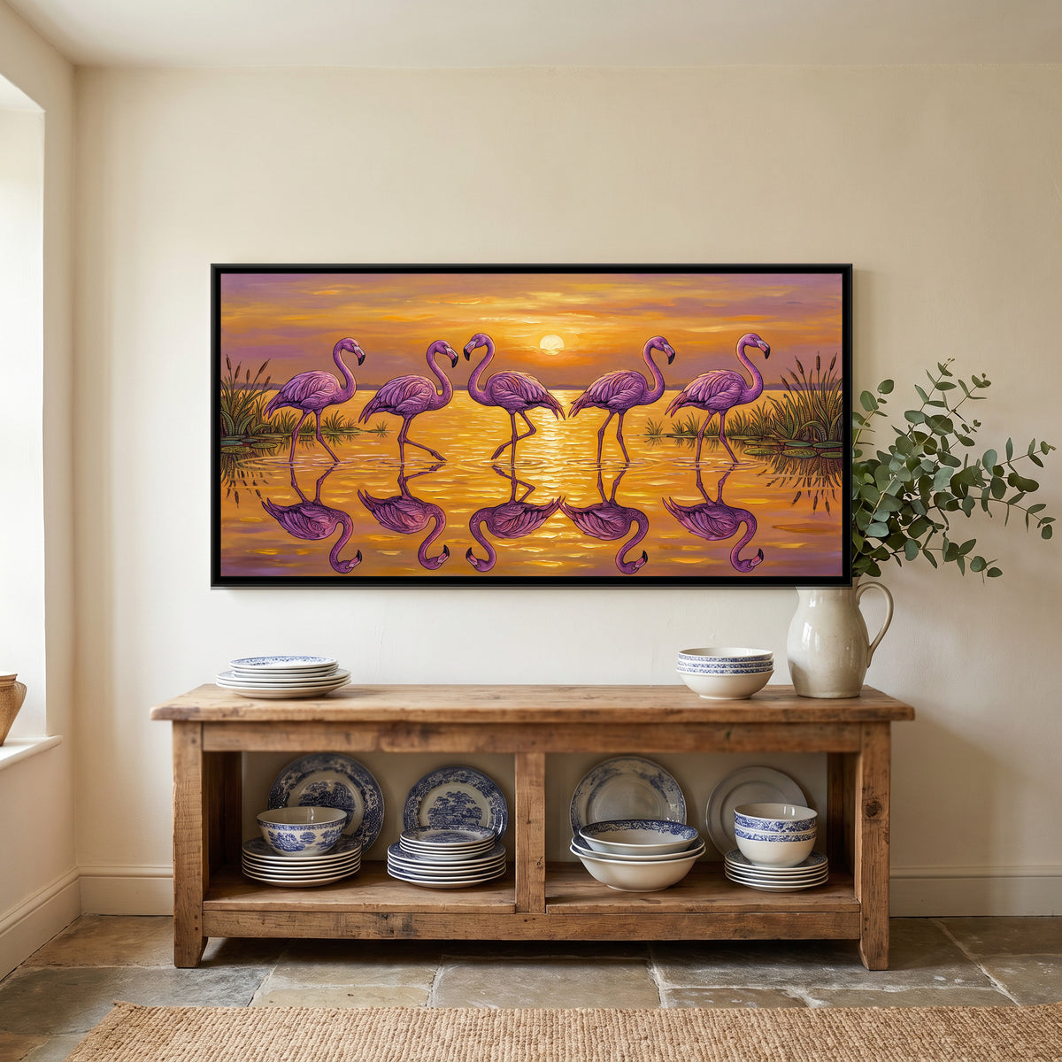 Flamingos in a Golden Sunset Lagoon - canvas art shown in a second room setting