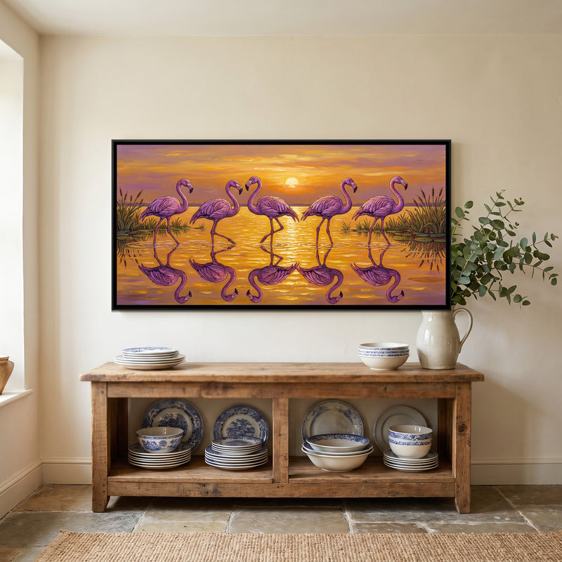 Flamingos in a Golden Sunset Lagoon - canvas art shown in a second room setting
