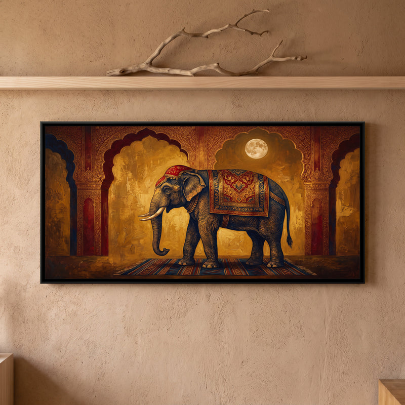 Elephant at the Palace Arch - framed canvas art hung on a wall