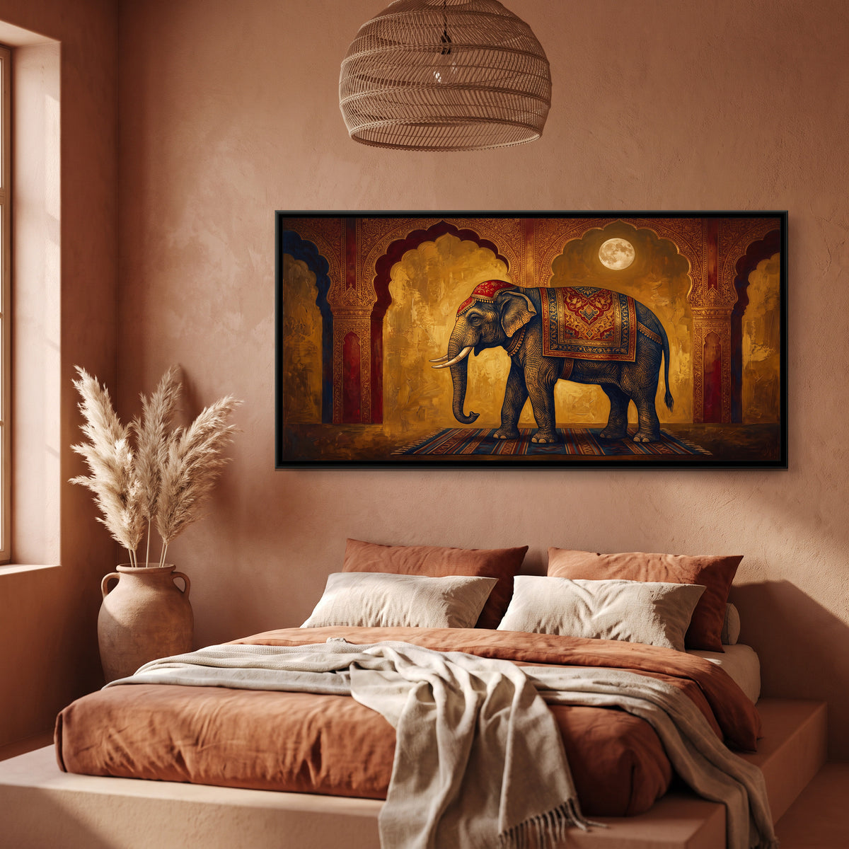 Elephant at the Palace Arch - canvas art shown in a styled room