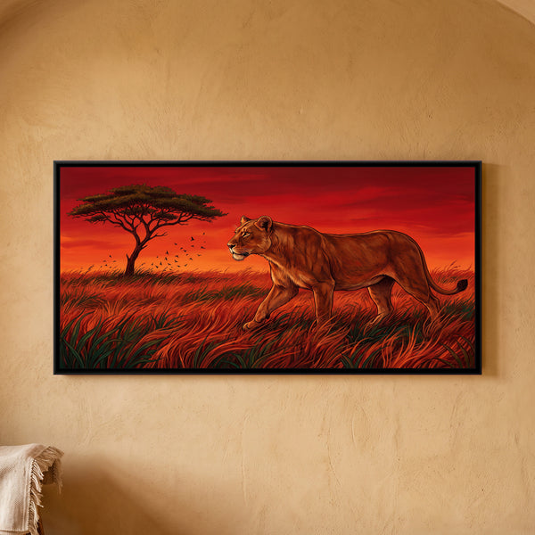 Lioness Stalking through Vermilion Grass