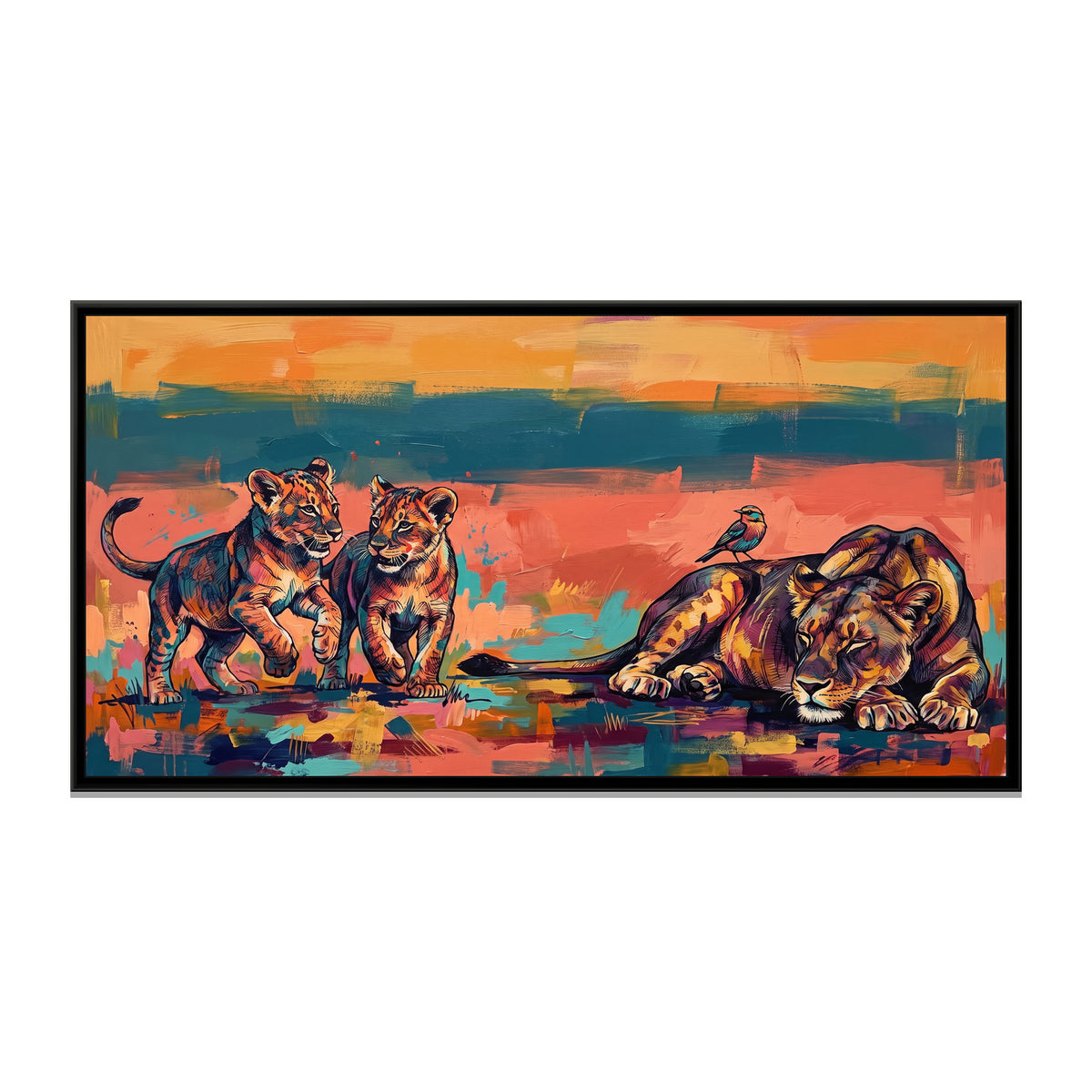 Lioness Family at Rest in Colour Blocks - framed canvas print, front view
