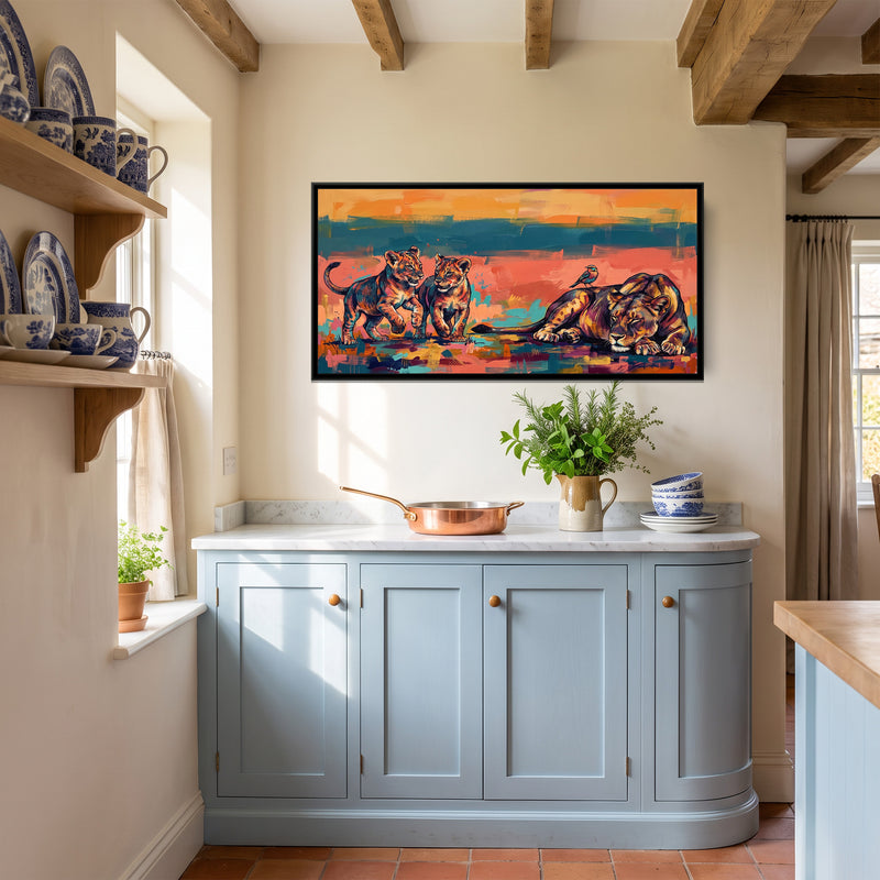 Lioness Family at Rest in Colour Blocks - canvas art shown in a styled room