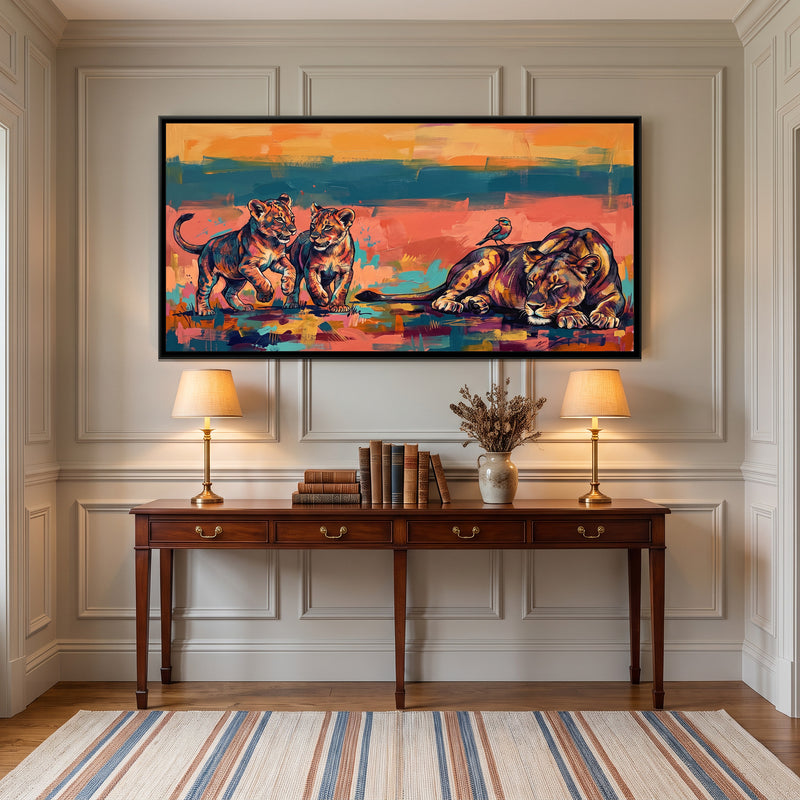 Lioness Family at Rest in Colour Blocks - canvas art shown in a second room setting