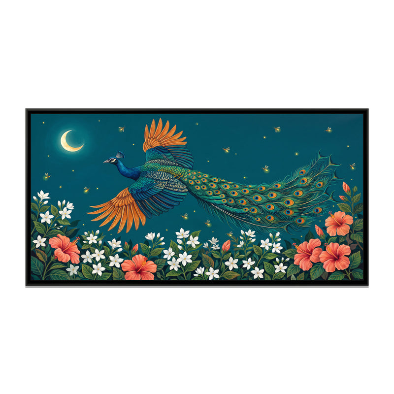 Peacock in Flight over a Night Garden - framed canvas print, front view