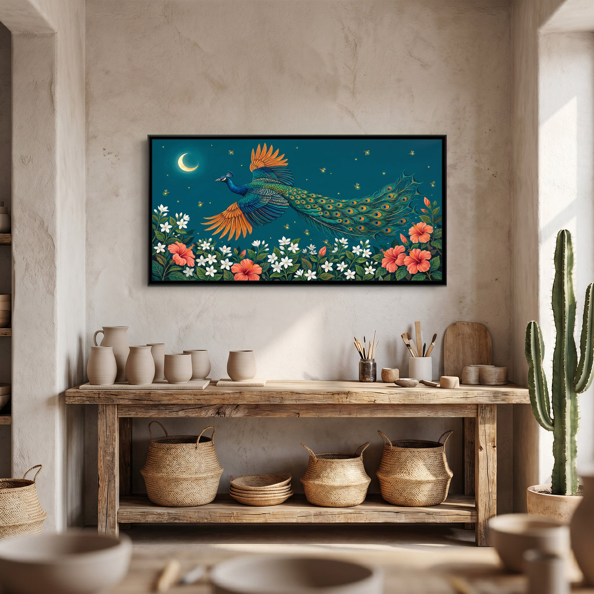 Peacock in Flight over a Night Garden - canvas art shown in a styled room
