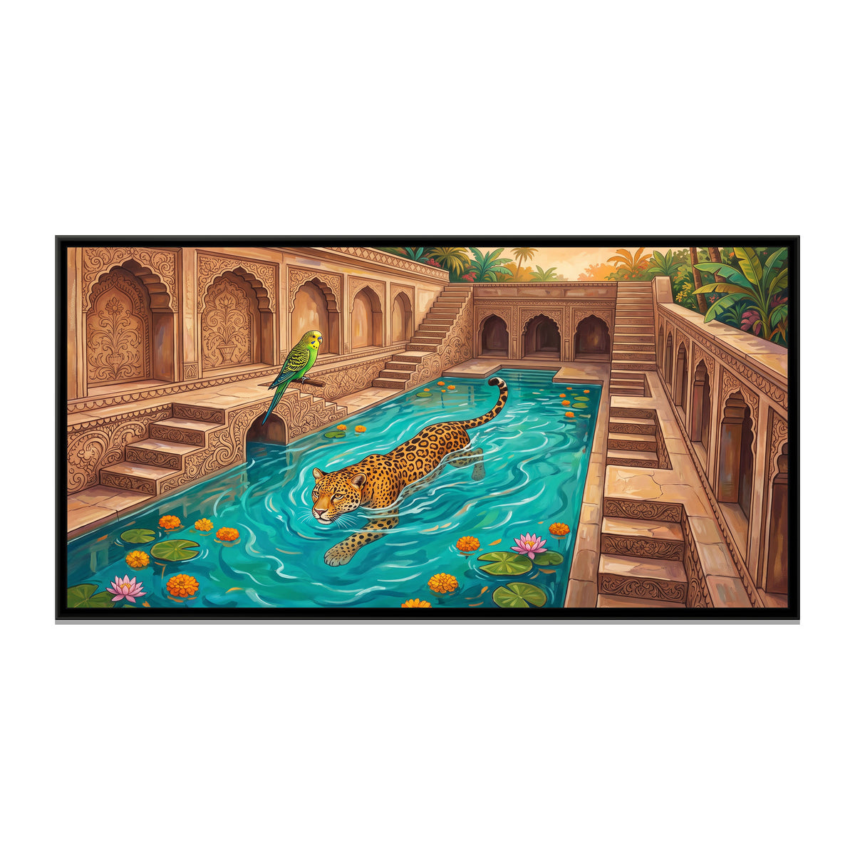 Leopard Swimming in a Stepwell Pool - framed canvas print, front view
