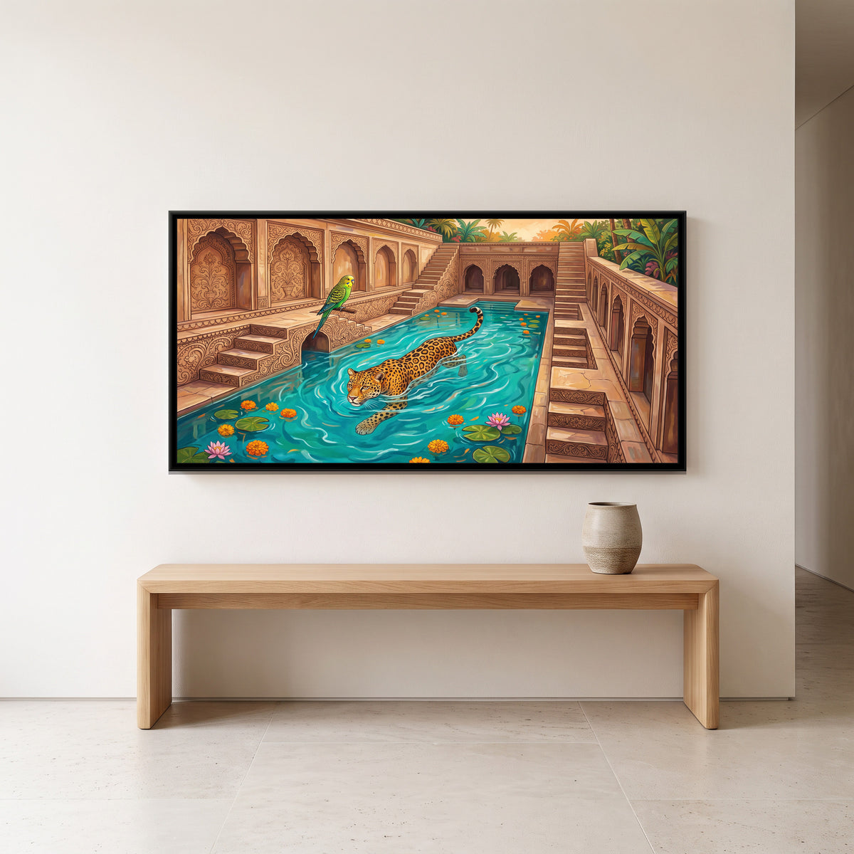 Leopard Swimming in a Stepwell Pool - canvas art shown in a second room setting