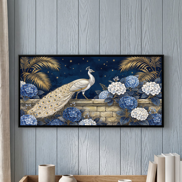 White Peacock among Hydrangeas on Midnight