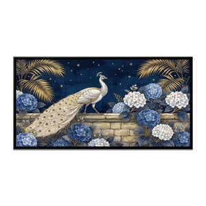View 2 of White Peacock among Hydrangeas on Midnight
