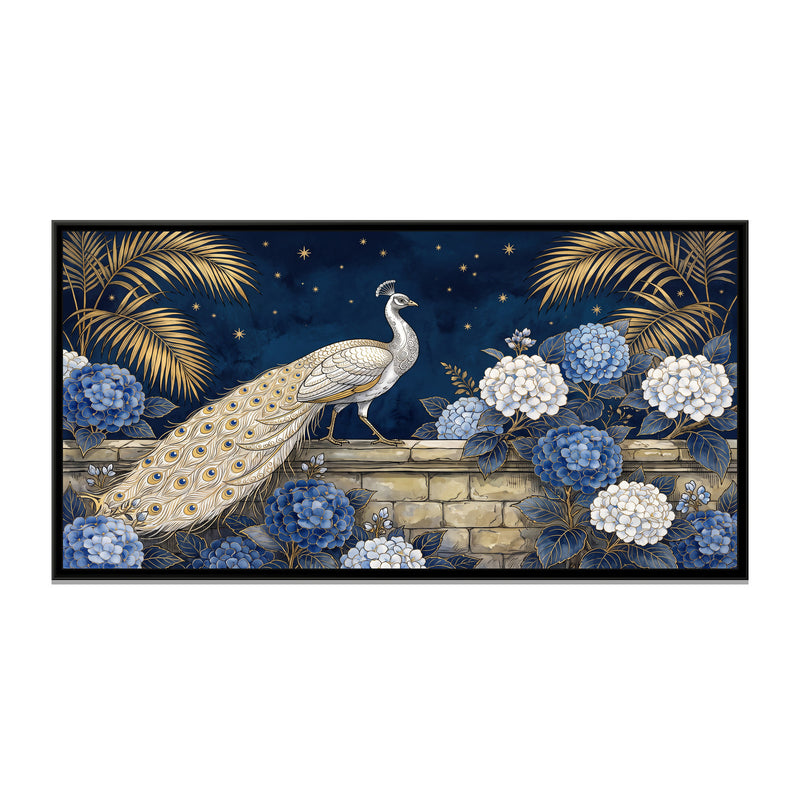White Peacock among Hydrangeas on Midnight - framed canvas print, front view
