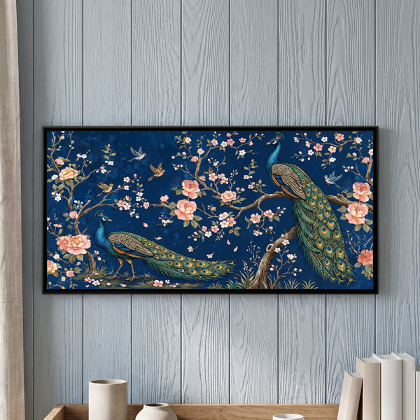 Peacocks in a Blossoming Plum Grove on Navy