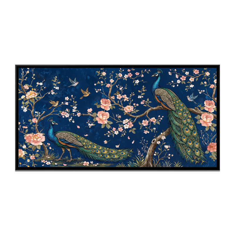 Peacocks in a Blossoming Plum Grove on Navy - framed canvas print, front view