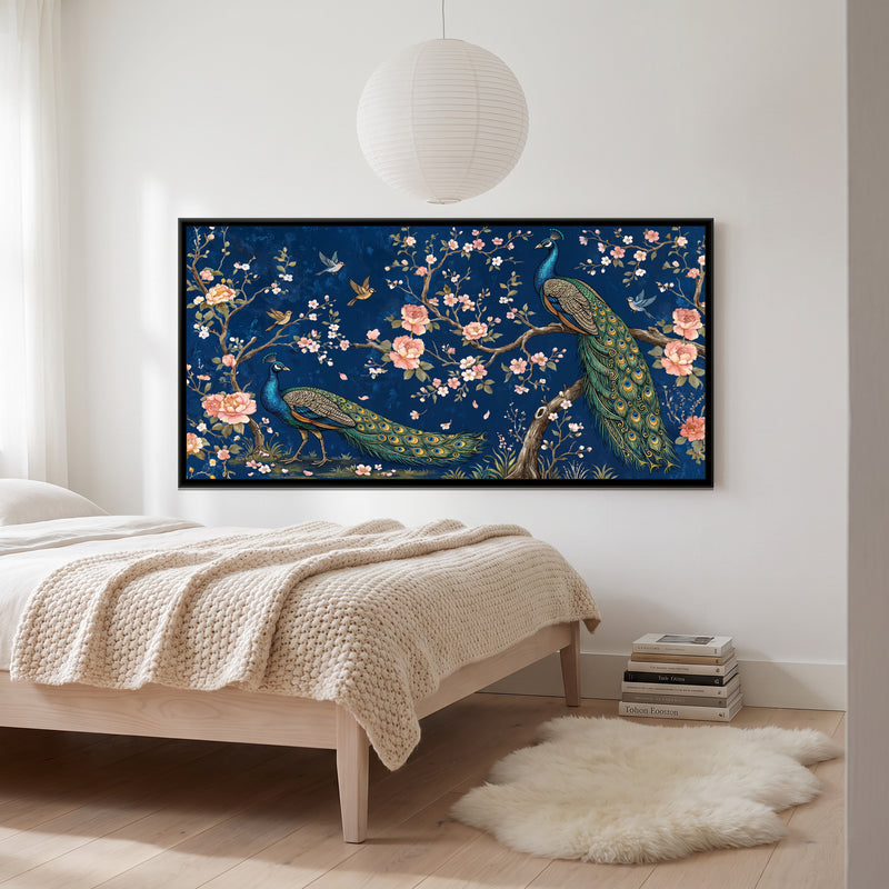 Peacocks in a Blossoming Plum Grove on Navy - canvas art shown in a styled room