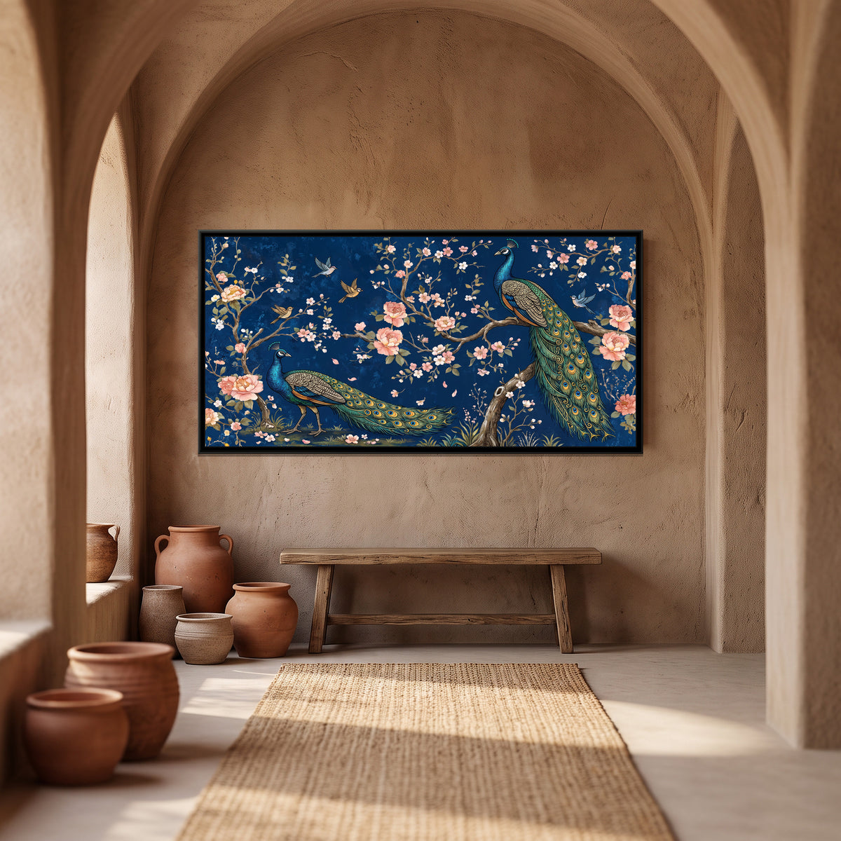 Peacocks in a Blossoming Plum Grove on Navy - canvas art shown in a second room setting