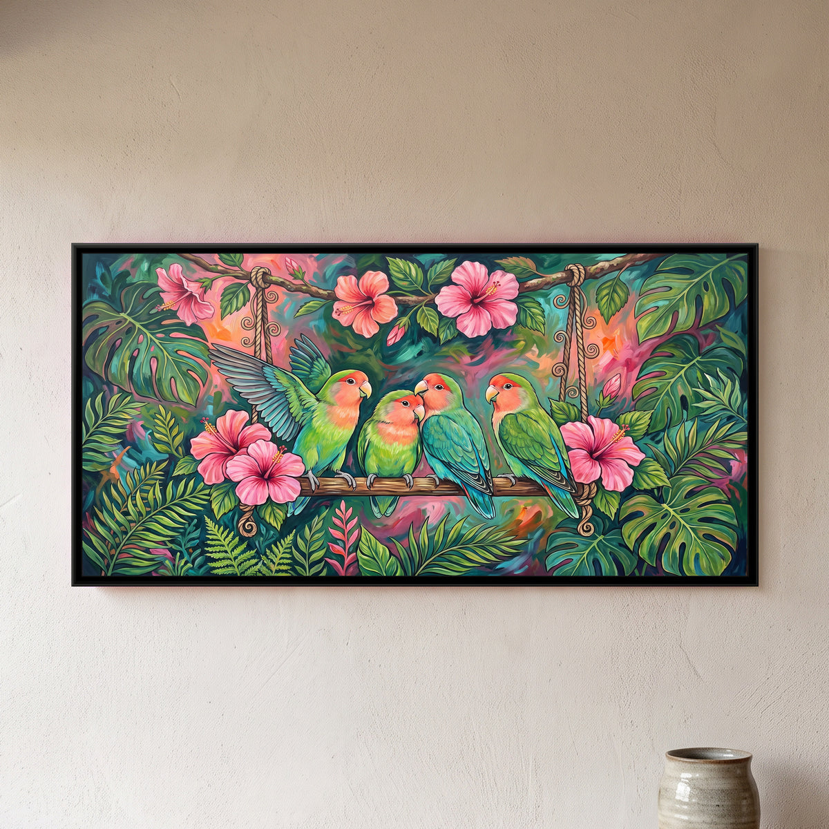 Lovebirds on a Hibiscus Swing - framed canvas art hung on a wall