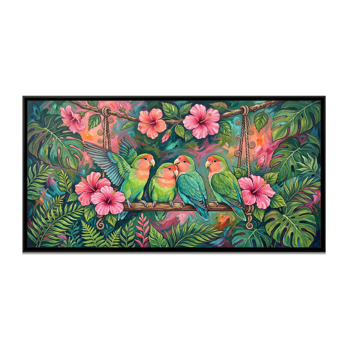 Lovebirds on a Hibiscus Swing - framed canvas print, front view