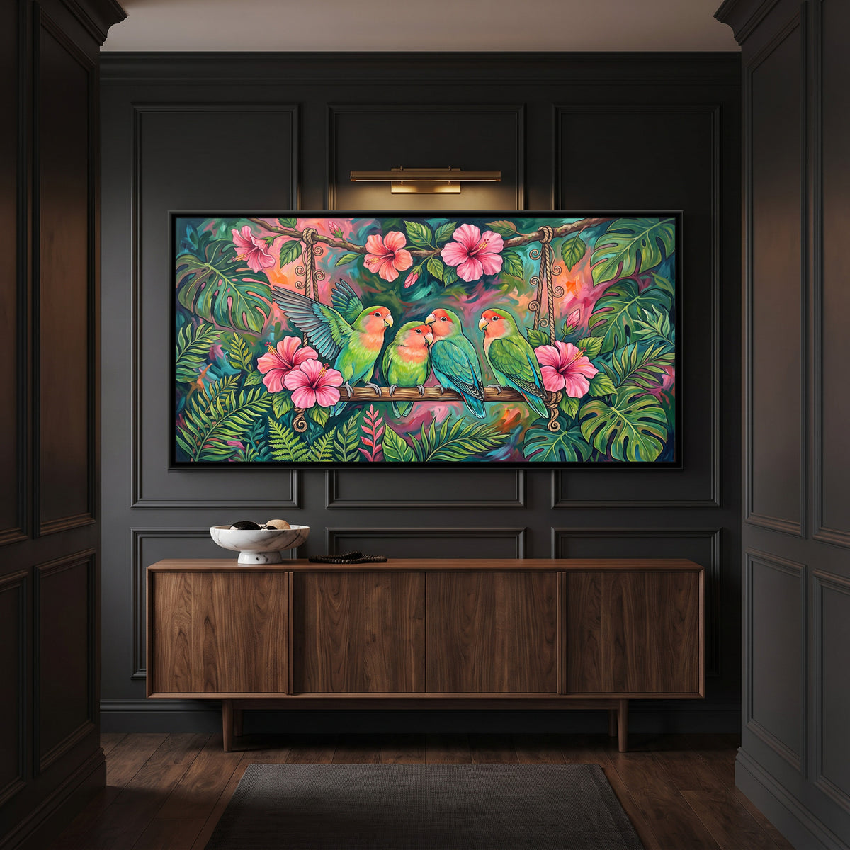 Lovebirds on a Hibiscus Swing - canvas art shown in a styled room