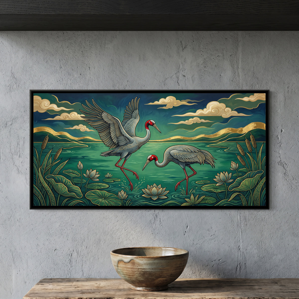 Sarus Cranes Dancing in a Jade Wetland - framed canvas art hung on a wall