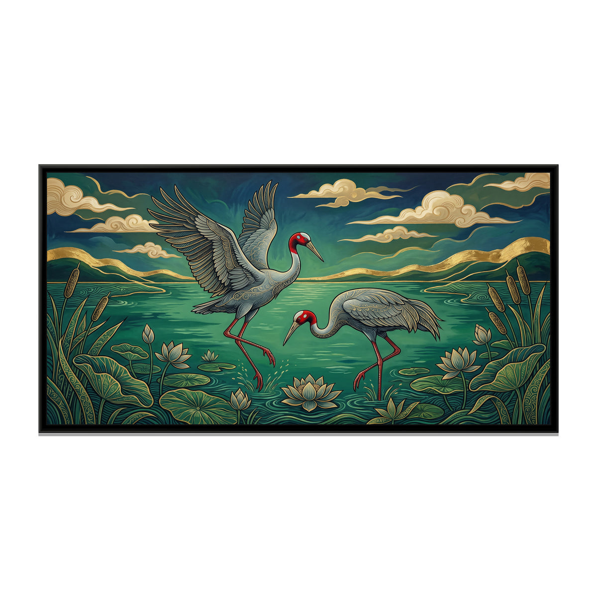 Sarus Cranes Dancing in a Jade Wetland - framed canvas print, front view
