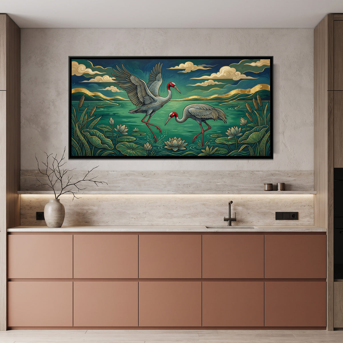 Sarus Cranes Dancing in a Jade Wetland - canvas art shown in a styled room